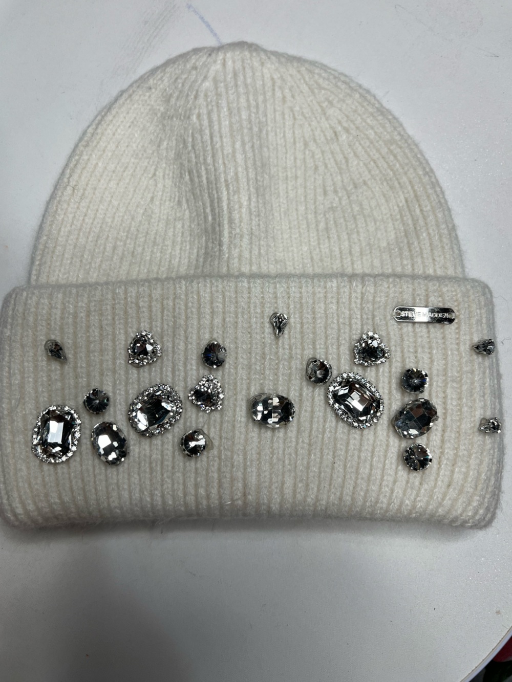 Steve Madden White Ribbed Beanie with Crystal Embellishments